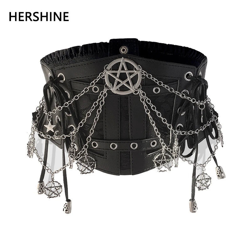 HERSHINE Women's Black Fashion Star Chain Elastic Wide Waist Belt, Y2K Gothic Punk Harajuku Rock Hip Hop Accessory,spring,summer